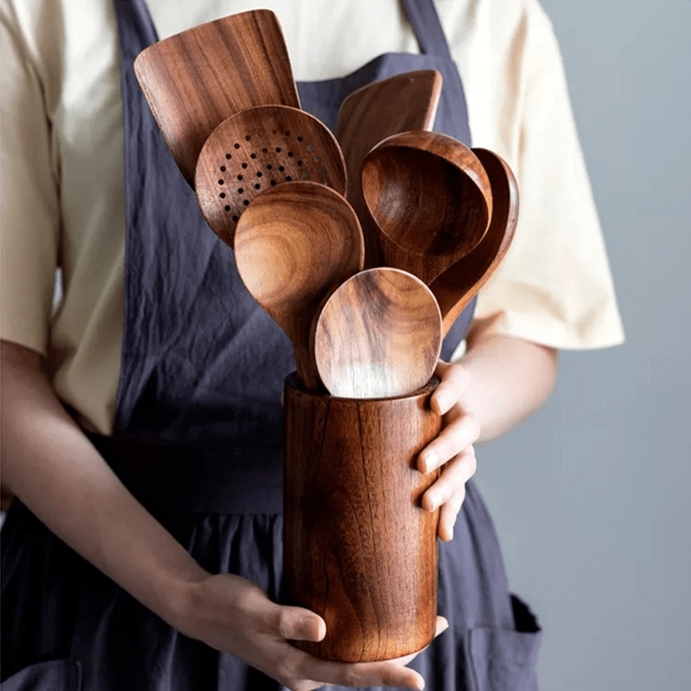 Naturlig teak kjøkkenredskapssett, ripefritt, elegant for hjemme-kokker