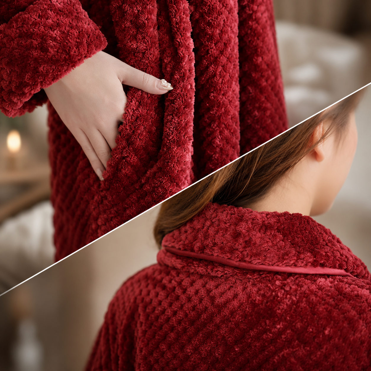 Robe de banho macio em fleece para relaxar e descansar confortavelmente em casa