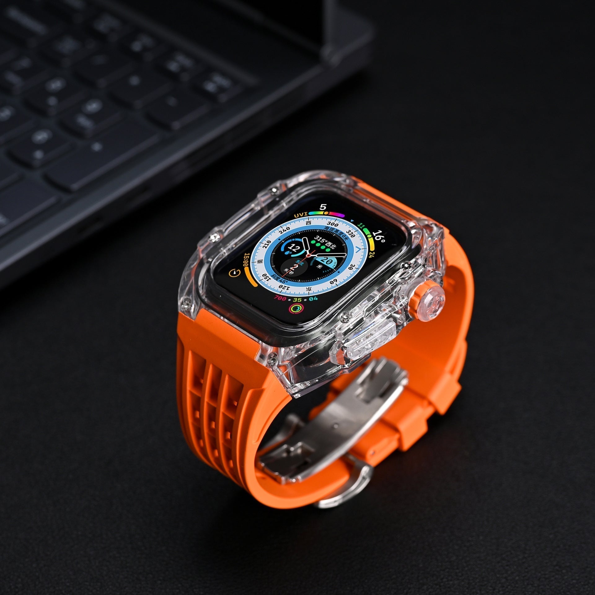 RM V30 Glacier Serisi Florokauçuk Şeffaf Kılıf Kauçuk Bant Mod Kiti Apple Watch için
