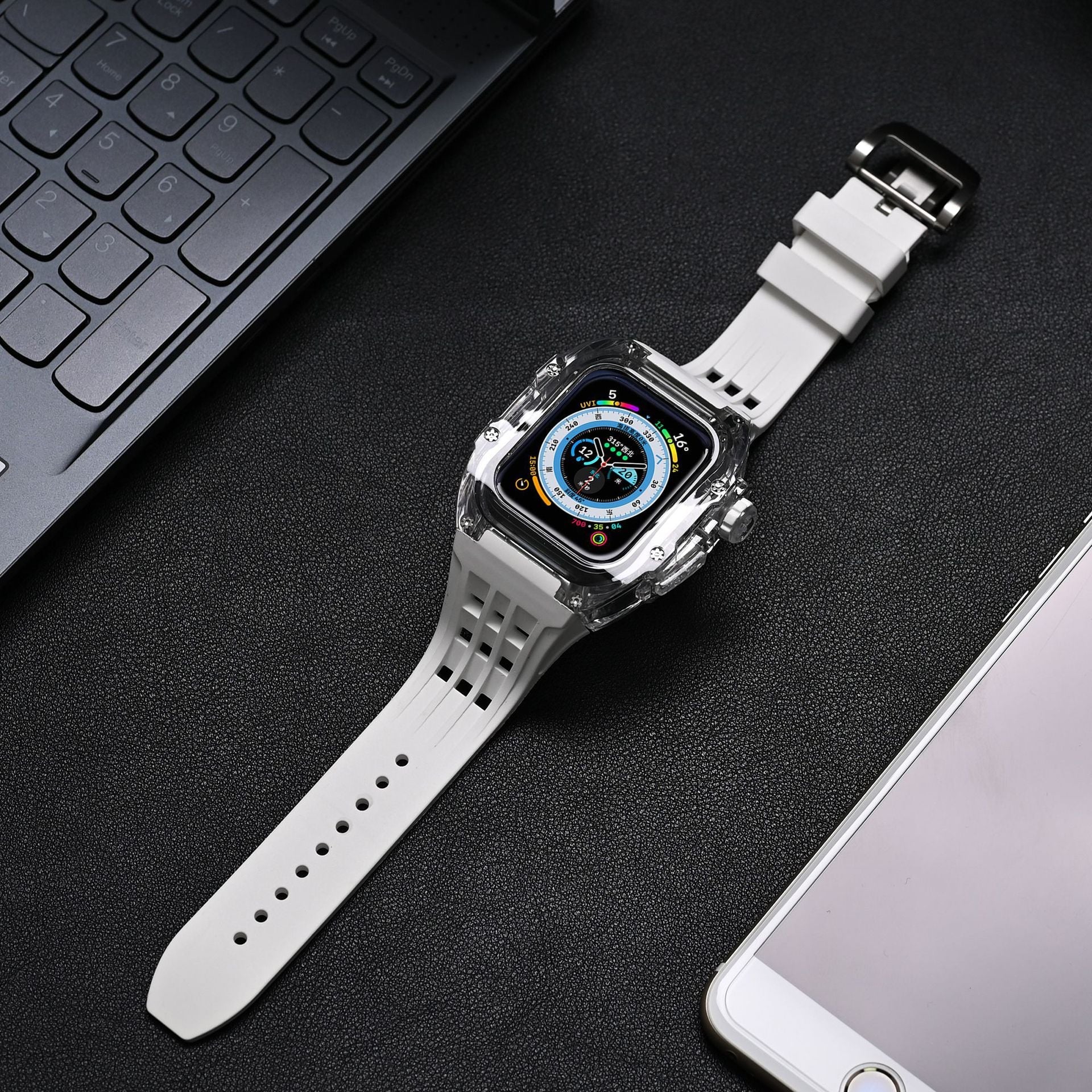 RM V30 Glacier Serisi Florokauçuk Şeffaf Kılıf Kauçuk Bant Mod Kiti Apple Watch için