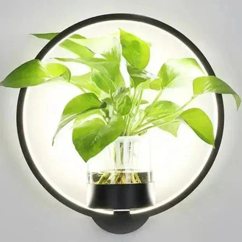 LED Plant Wall Light With Glass Vase And Warm Backlight, Metal Frame