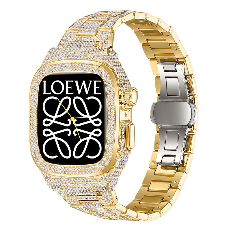 Luxuriöses Metallgehäuse mit Kristall-Diamant-Armband für Apple Watch 44/45 mm