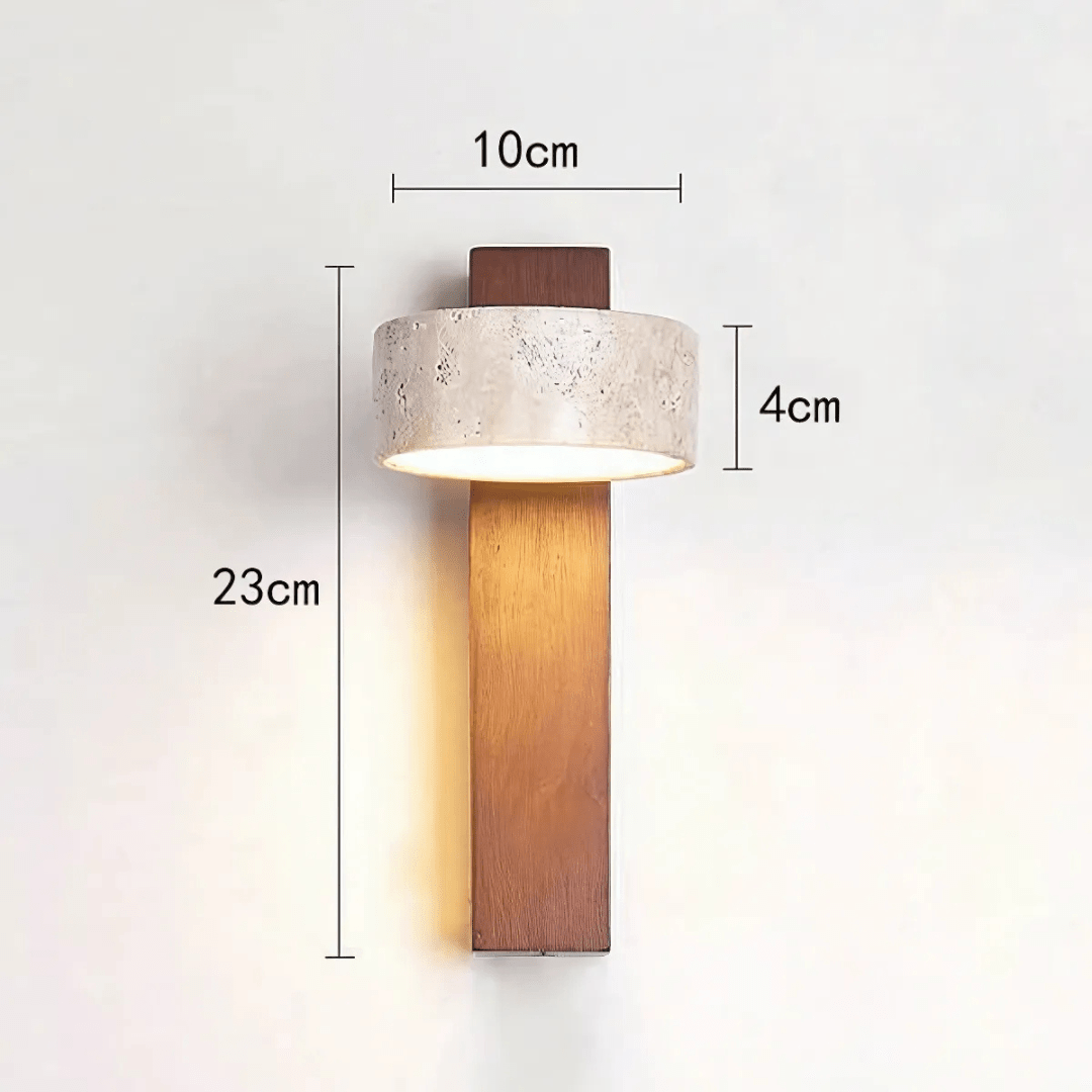 Aplique de pared LED de una luz con acabado en travertino y madera
