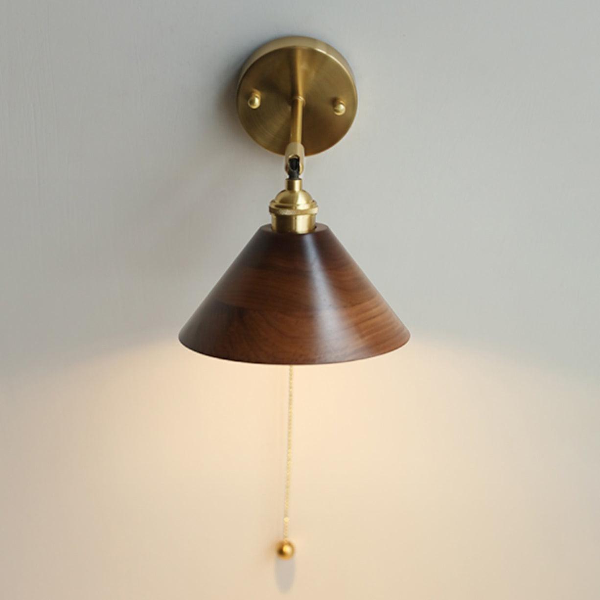 1-Light Wall Sconce With Wooden Finish And Dome Shade In Brass