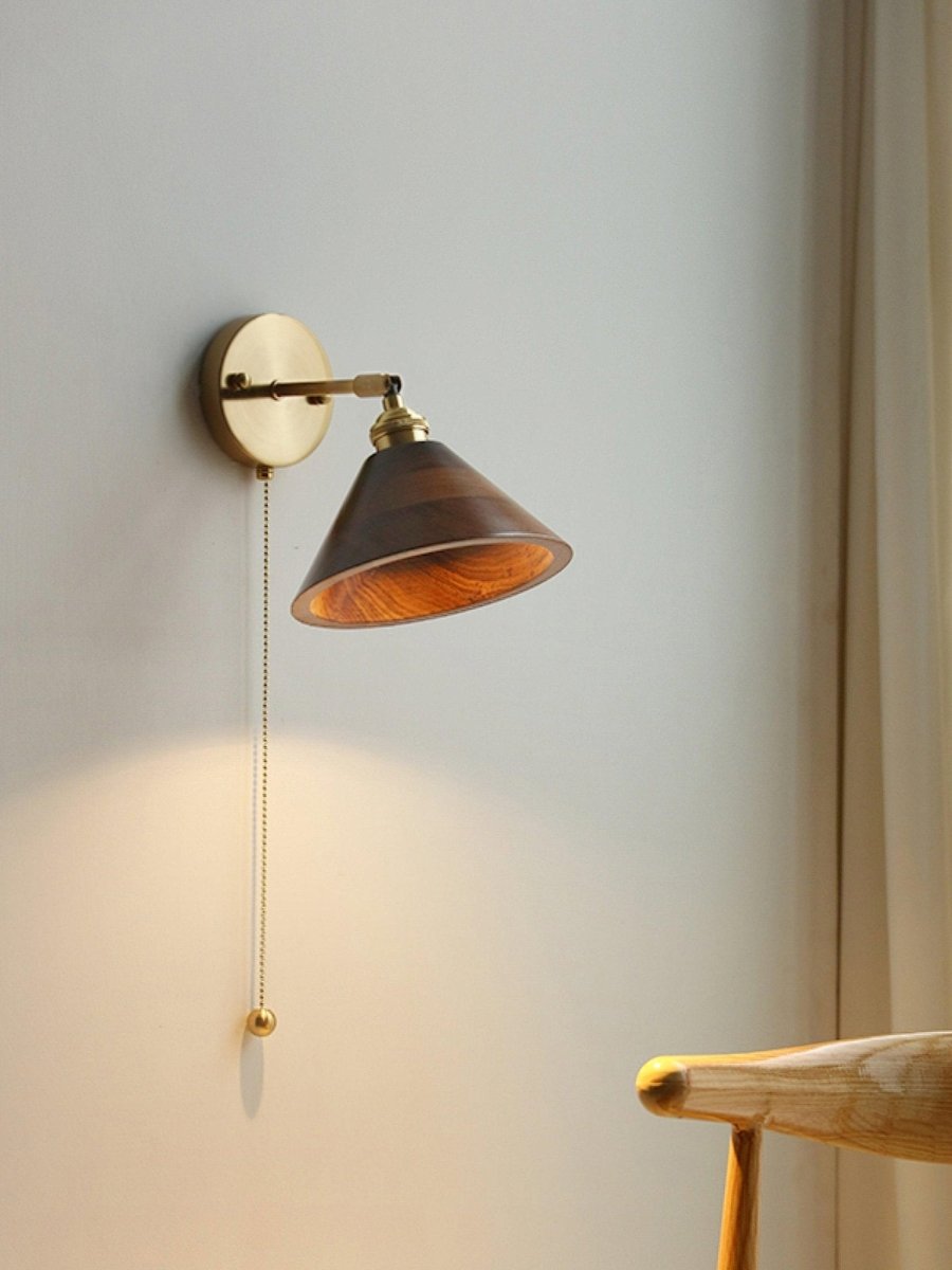 1-Light Wall Sconce With Wooden Finish And Dome Shade In Brass