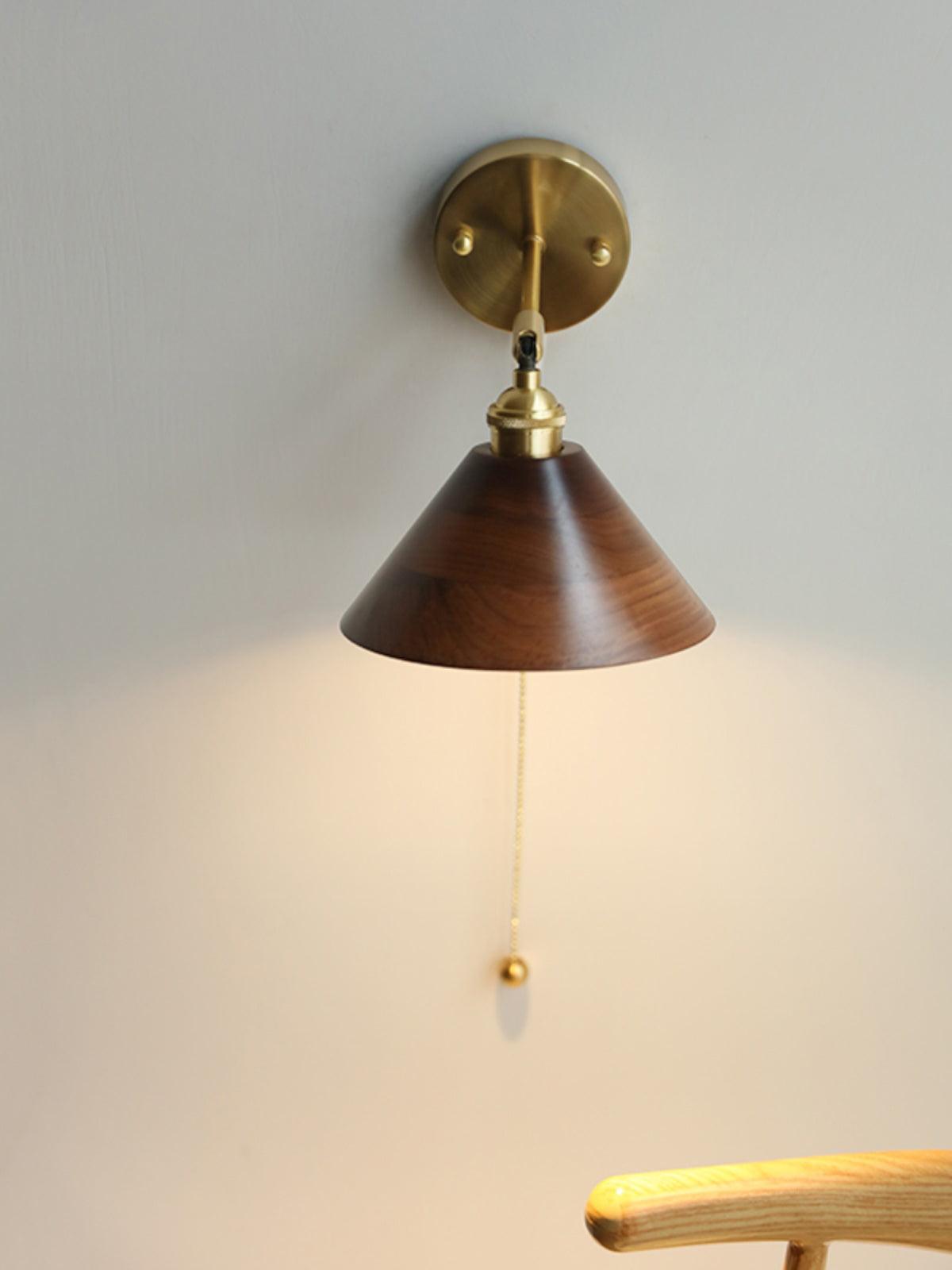 1-Light Wall Sconce With Wooden Finish And Dome Shade In Brass