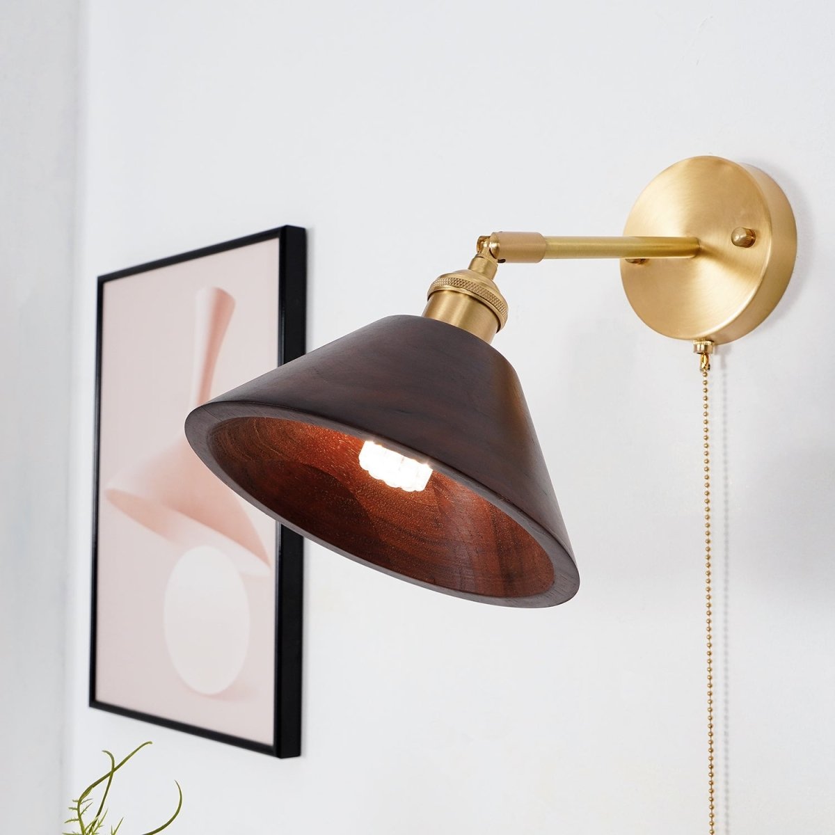 1-Light Wall Sconce With Wooden Finish And Dome Shade In Brass
