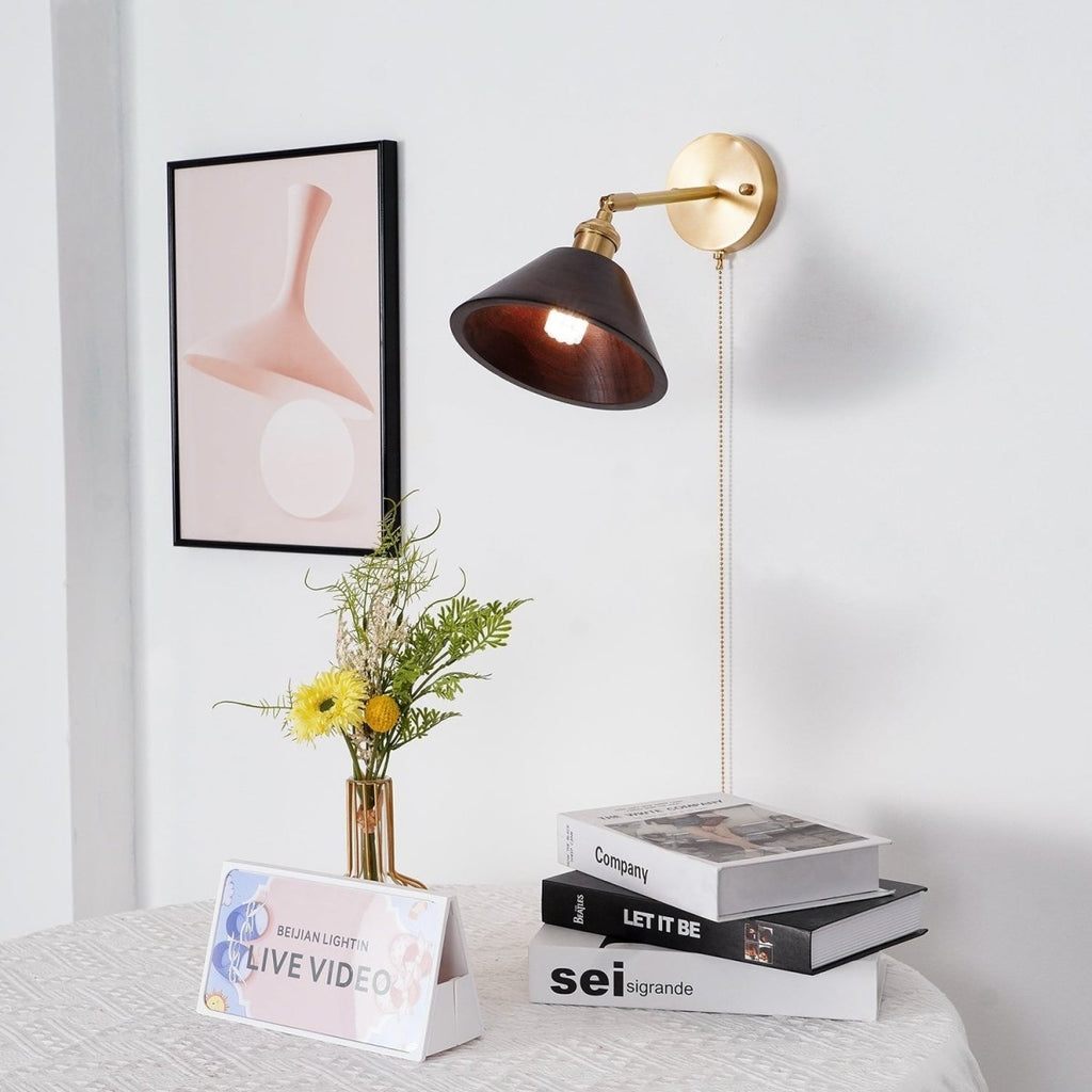 1-Light Wall Sconce With Wooden Finish And Dome Shade In Brass