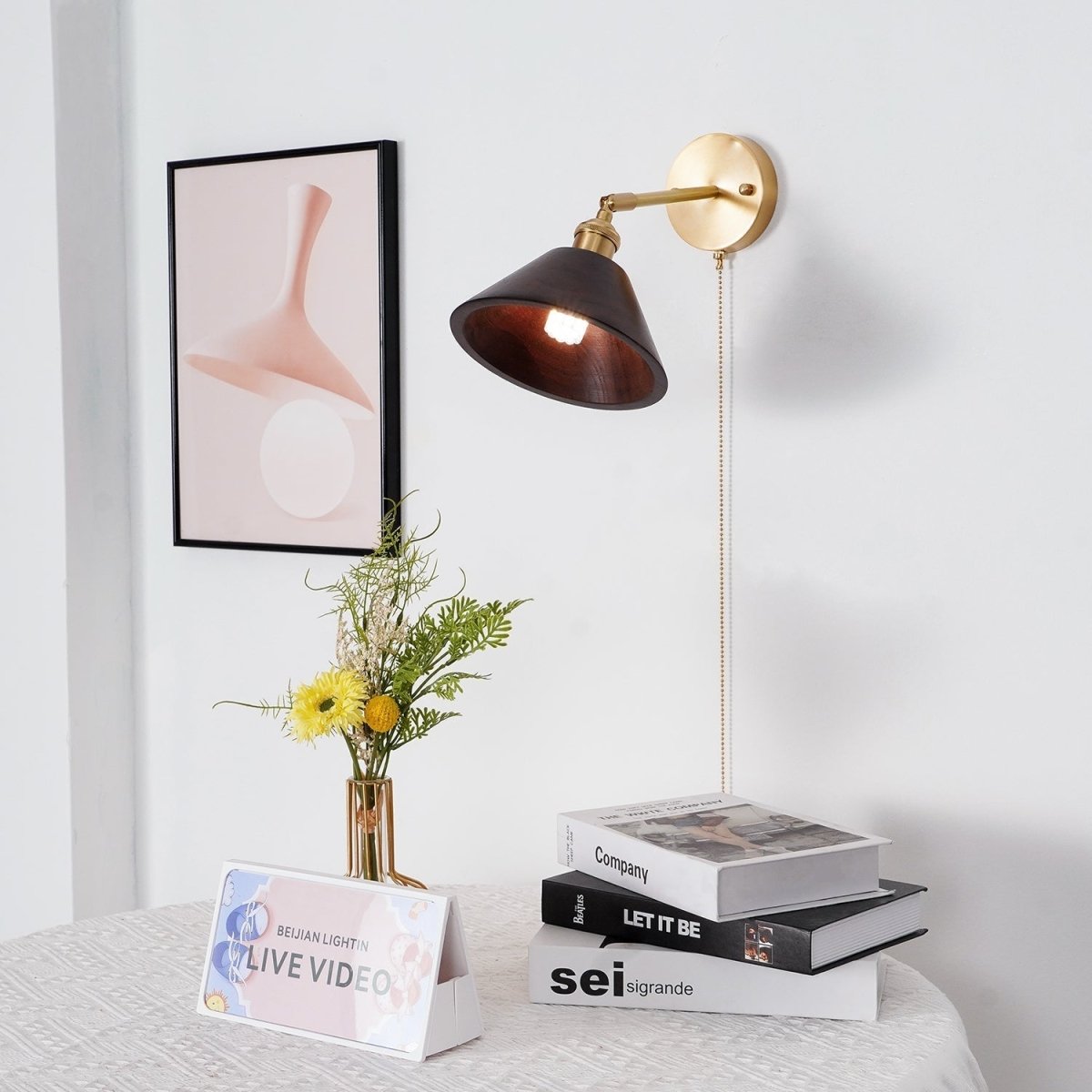 1-Light Wall Sconce With Wooden Finish And Dome Shade In Brass