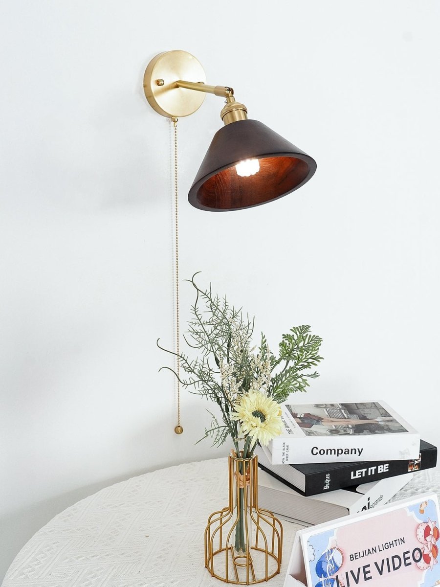 1-Light Wall Sconce With Wooden Finish And Dome Shade In Brass