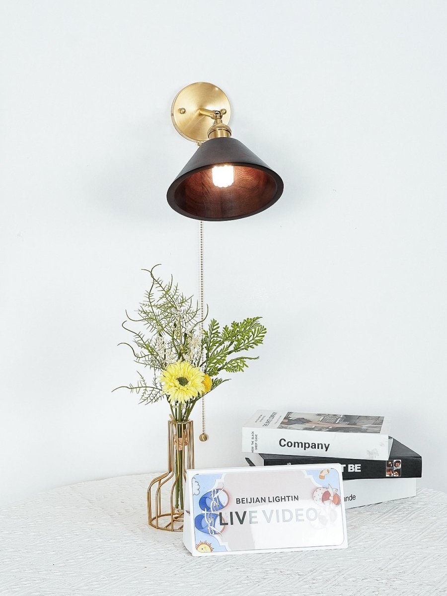 1-Light Wall Sconce With Wooden Finish And Dome Shade In Brass