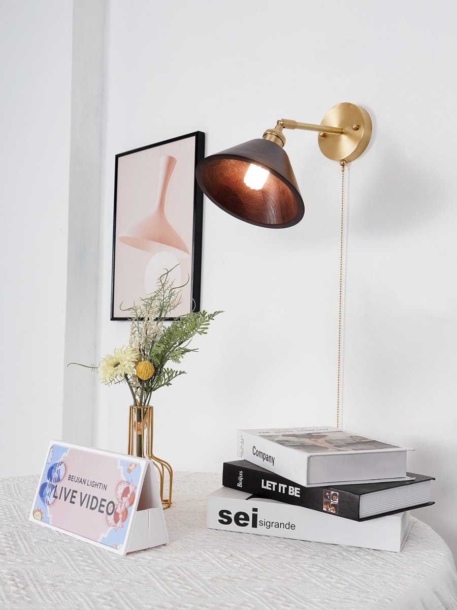 1-Light Wall Sconce With Wooden Finish And Dome Shade In Brass