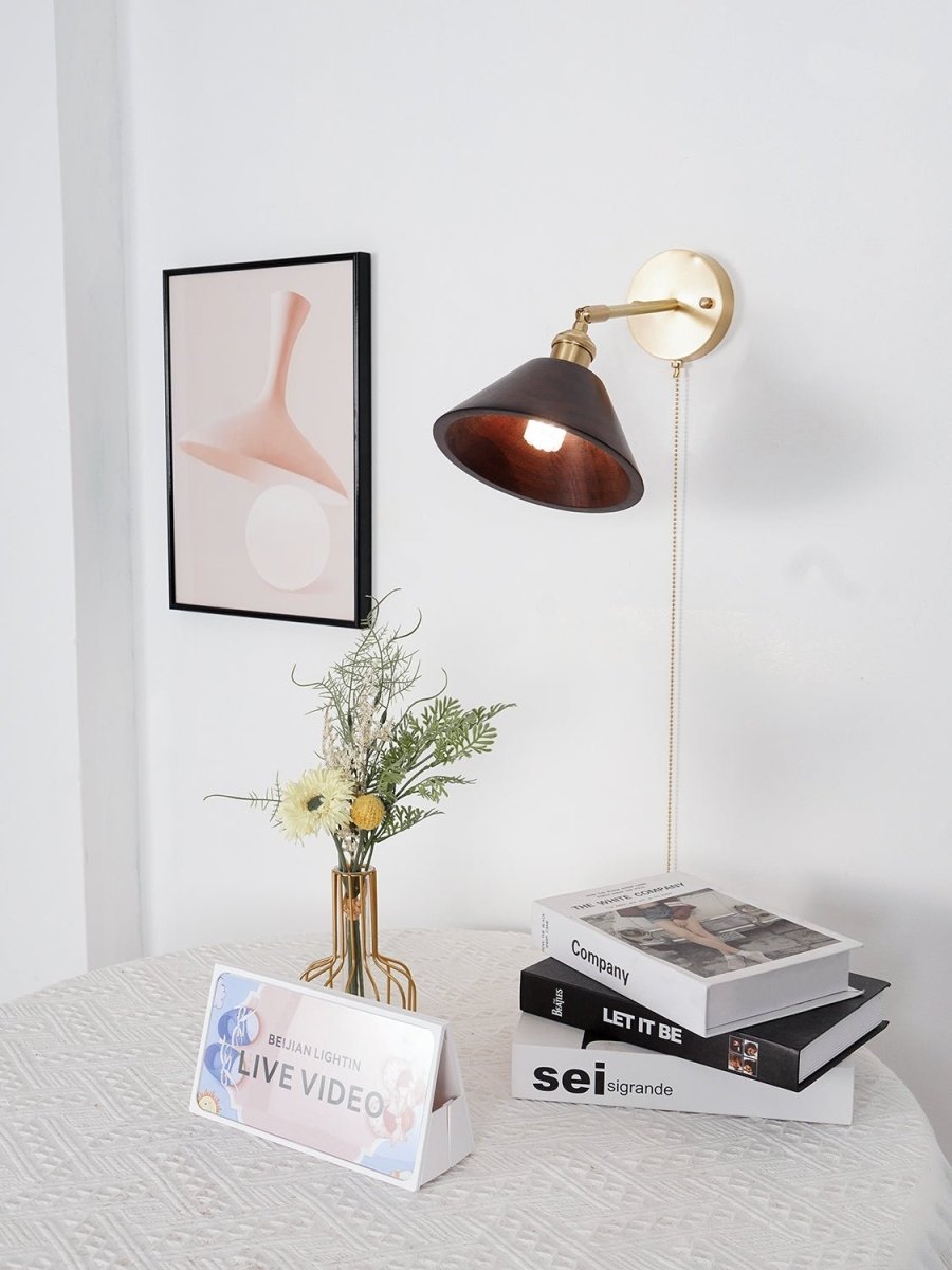 1-Light Wall Sconce With Wooden Finish And Dome Shade In Brass