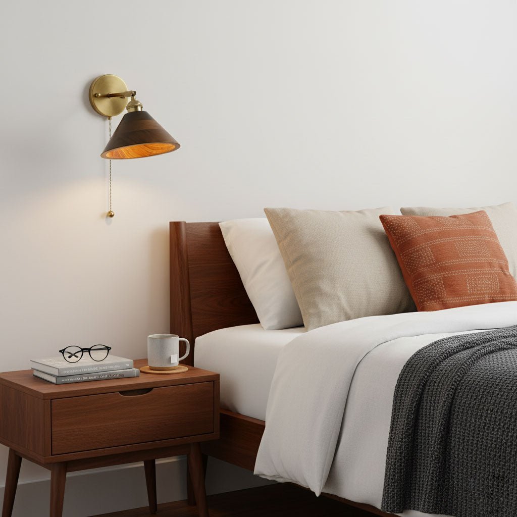 1-Light Wall Sconce With Wooden Finish And Dome Shade In Brass
