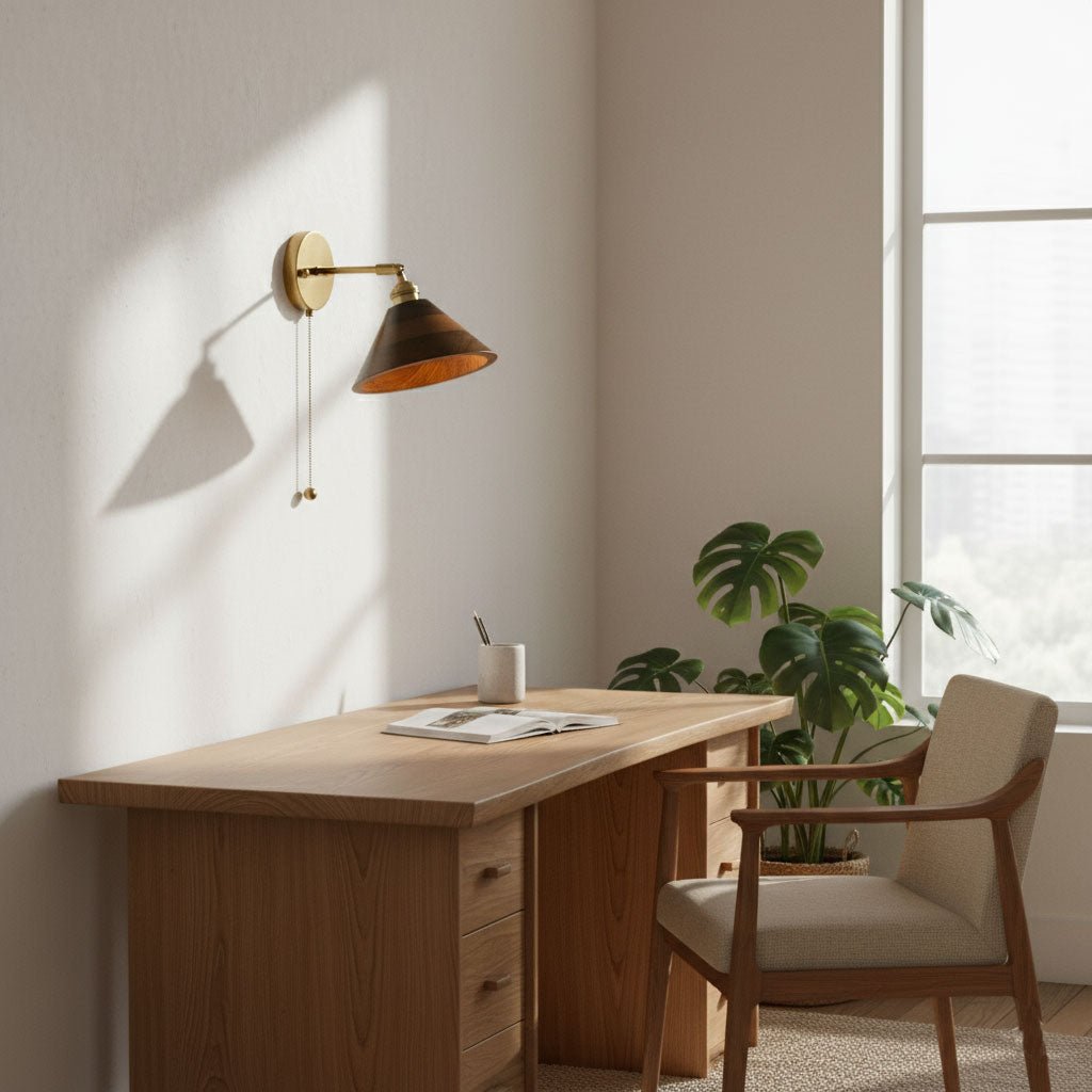 1-Light Wall Sconce With Wooden Finish And Dome Shade In Brass