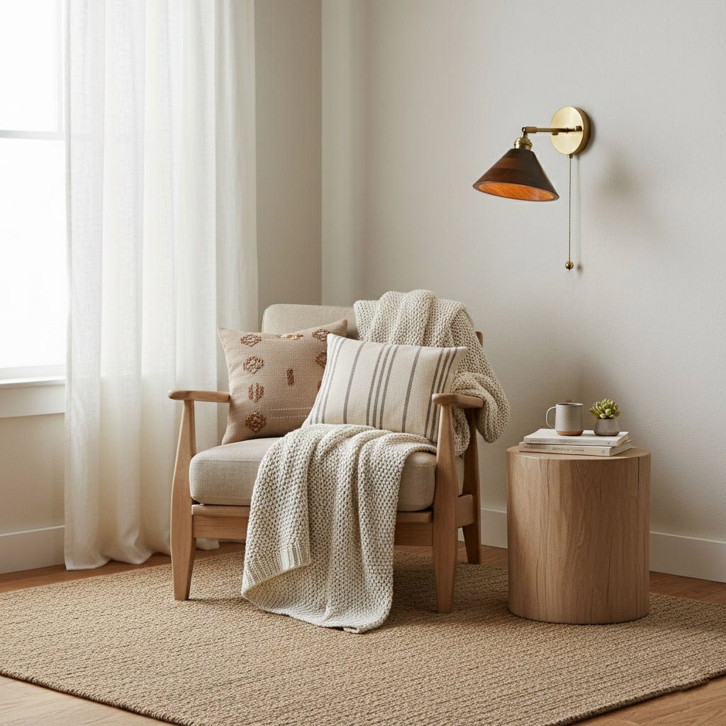 1-Light Wall Sconce With Wooden Finish And Dome Shade In Brass
