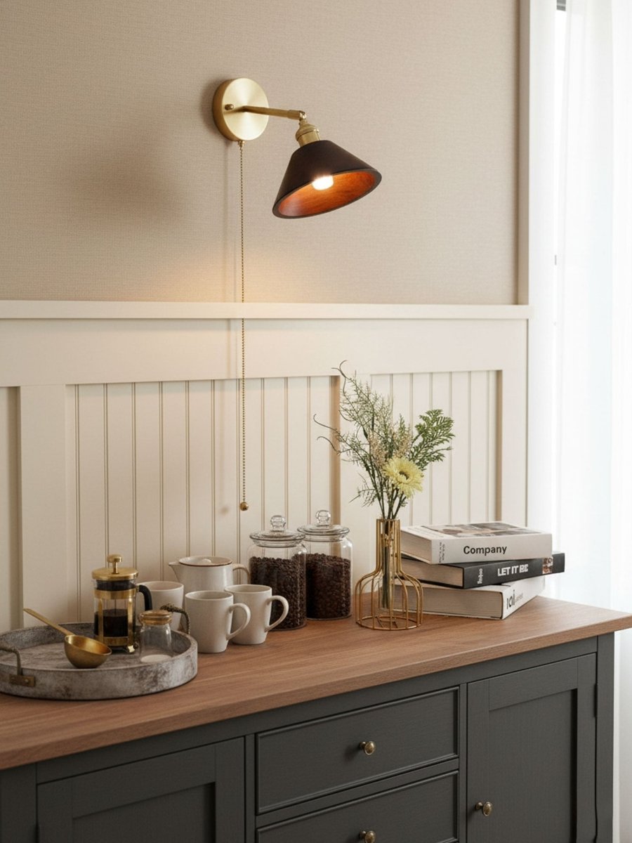 1-Light Wall Sconce With Wooden Finish And Dome Shade In Brass