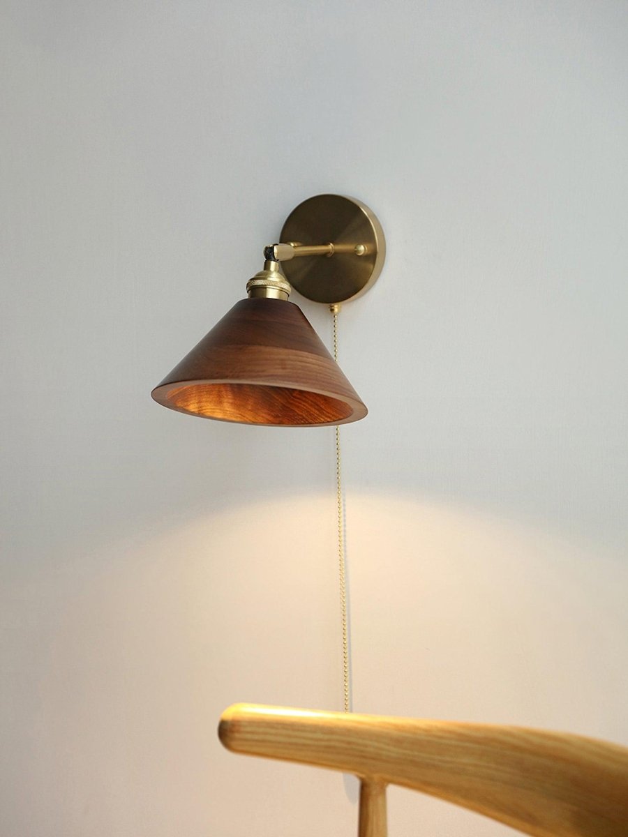 1-Light Wall Sconce With Wooden Finish And Dome Shade In Brass