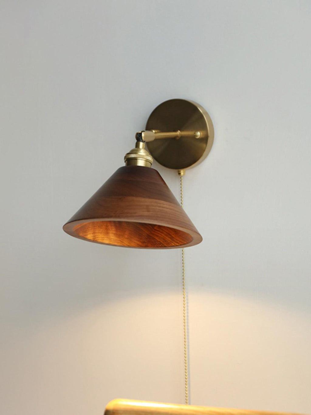 1-Light Wall Sconce With Wooden Finish And Dome Shade In Brass