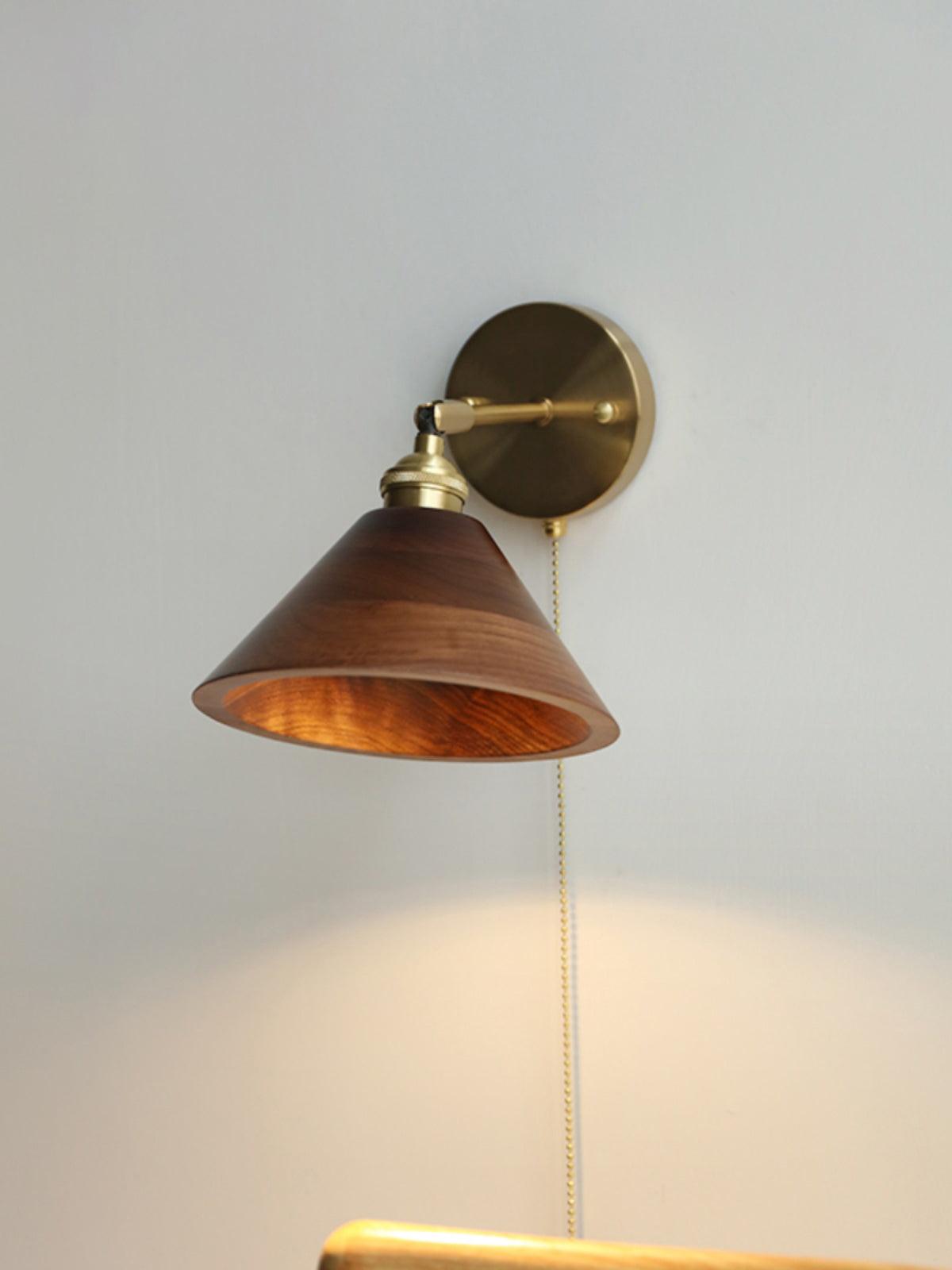 1-Light Wall Sconce With Wooden Finish And Dome Shade In Brass