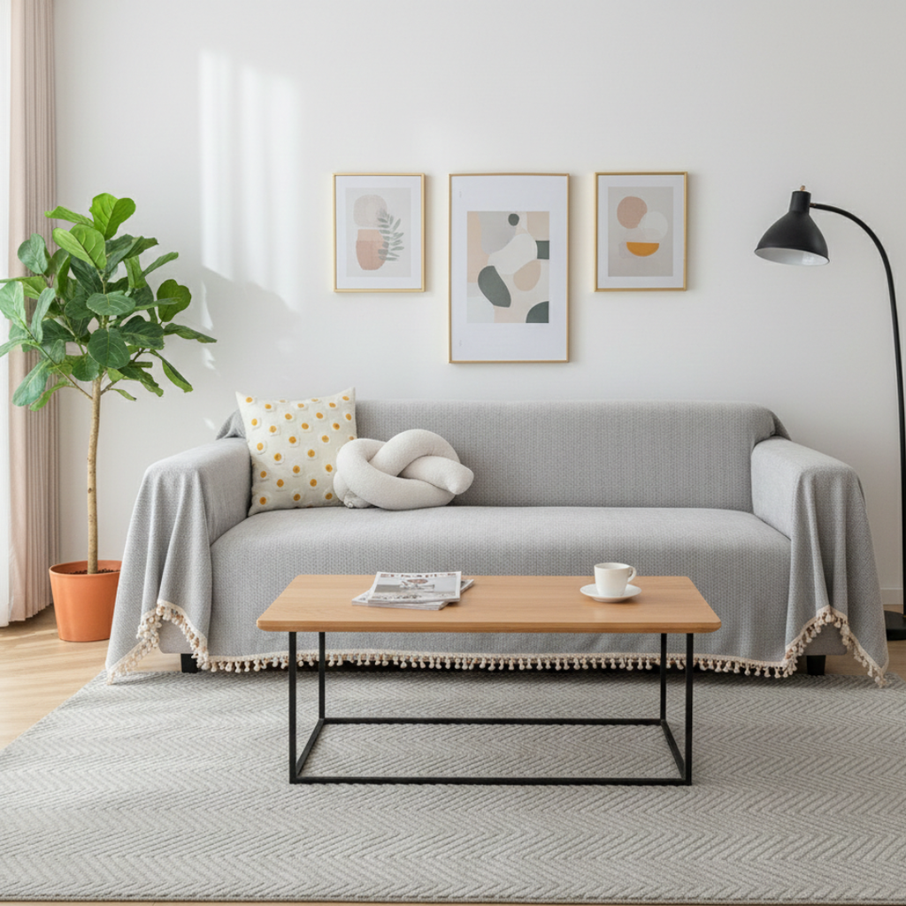 Housse de canapé à motif chevron avec pompons pour décoration style bohème