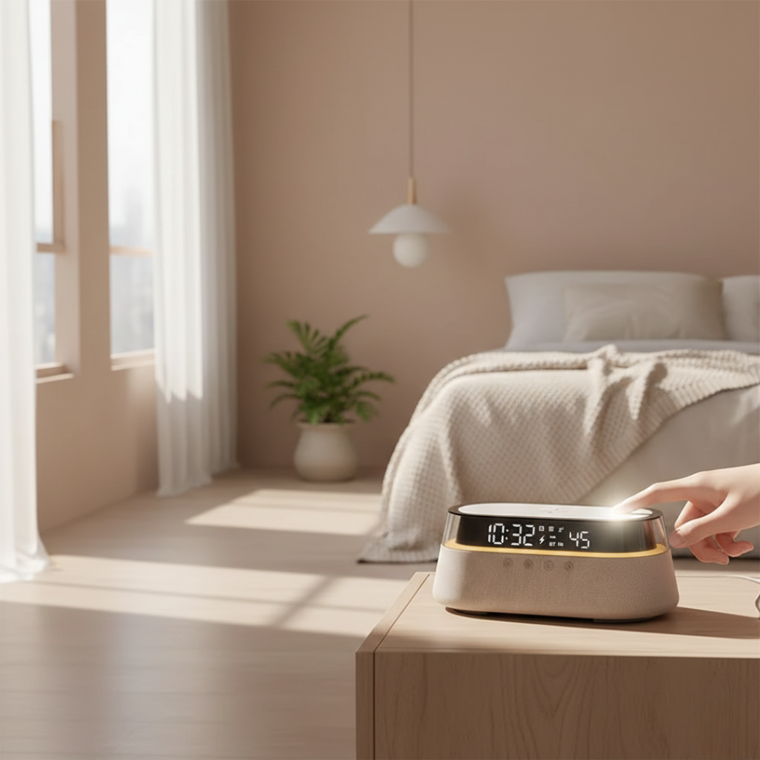 Kompakter Bluetooth-Lautsprecher mit Wecker für den Nachttischgebrauch