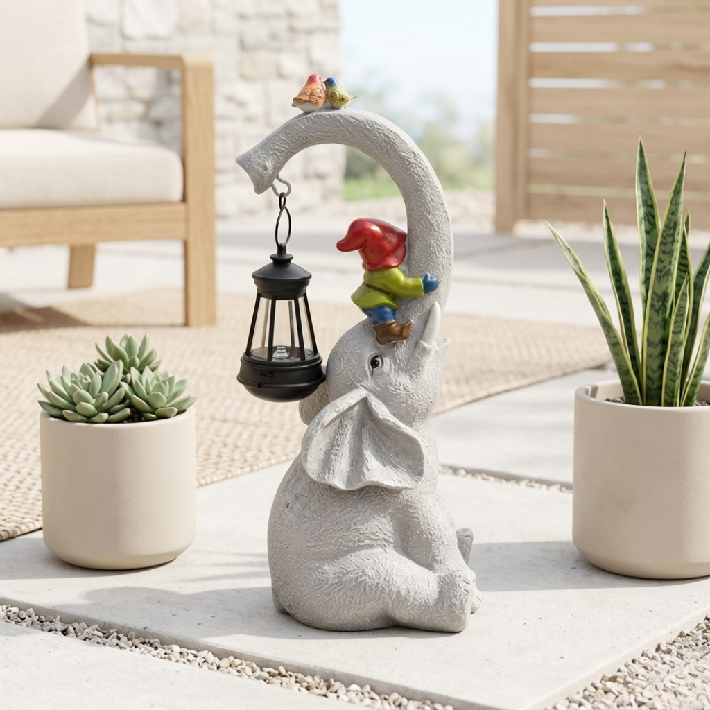 Lanterne de jardin féerique éléphant solaire avec une fée chevauchant un éléphant