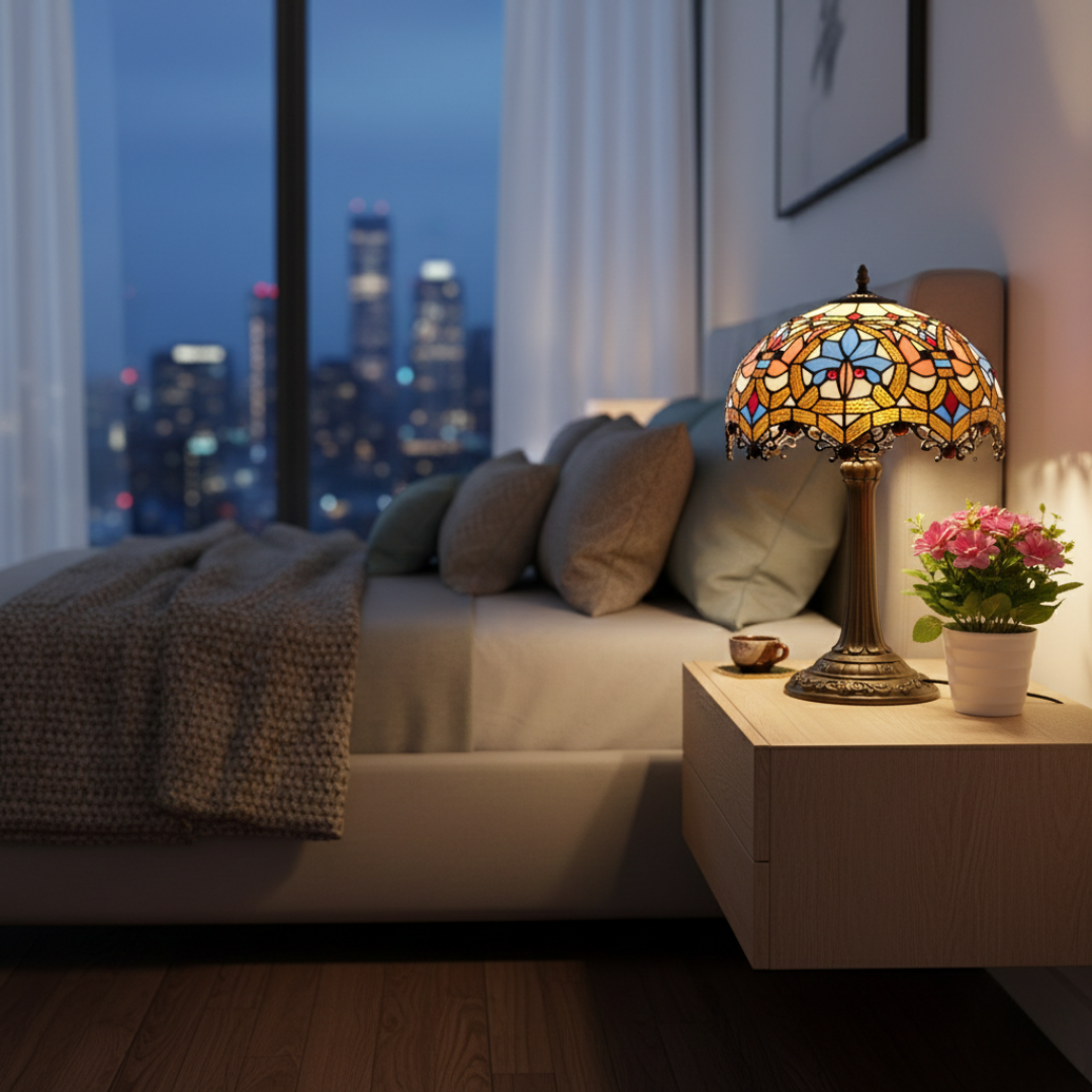 Antique Table Lamp With Stained Glass Design For Home