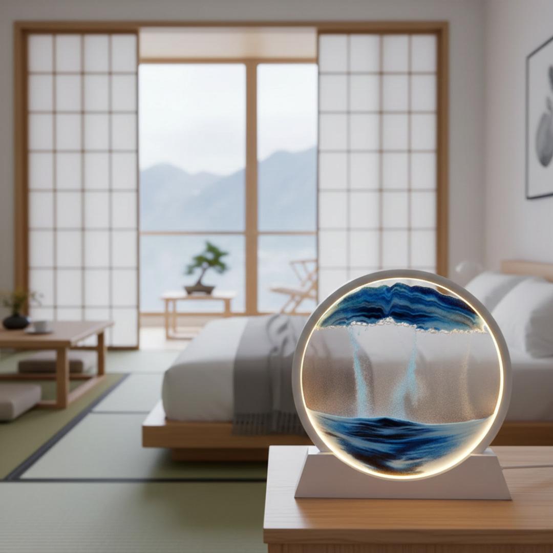 Tableau d'art de sable mouvant 3D dans un cadre en verre rond pour une décoration fascinante