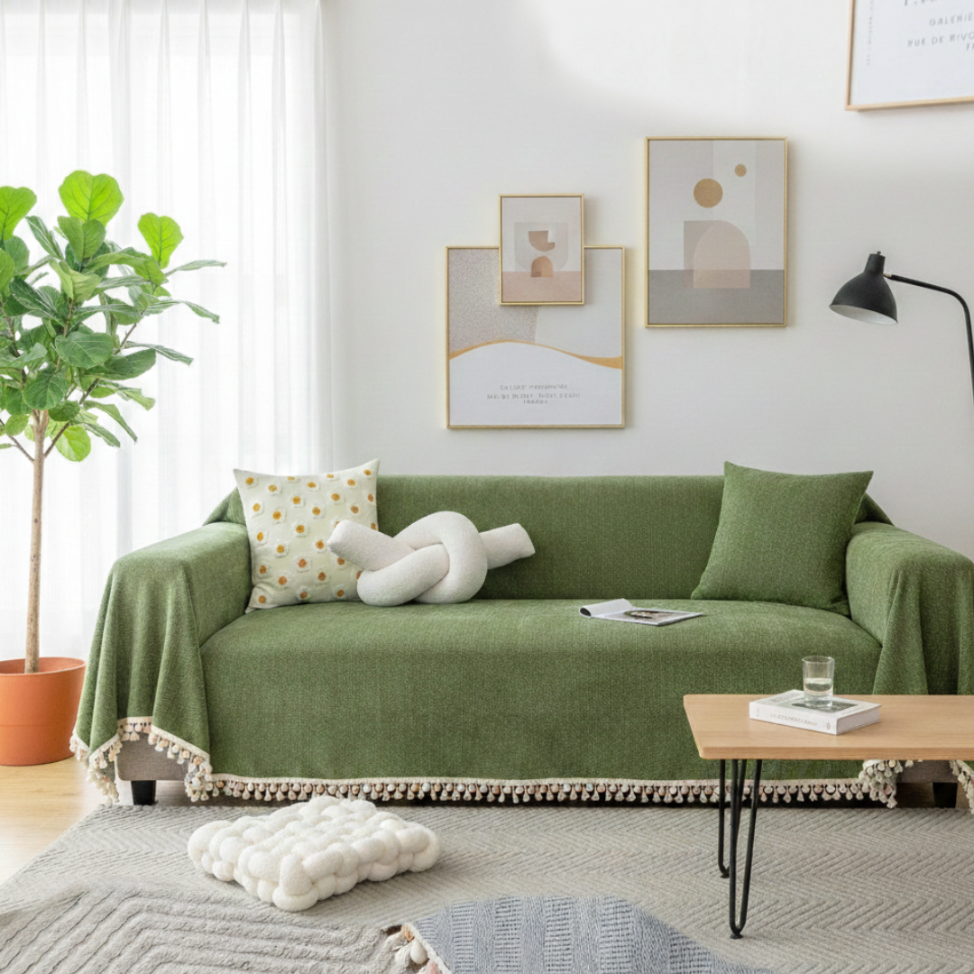 Housse de canapé à motif chevron avec pompons pour décoration style bohème