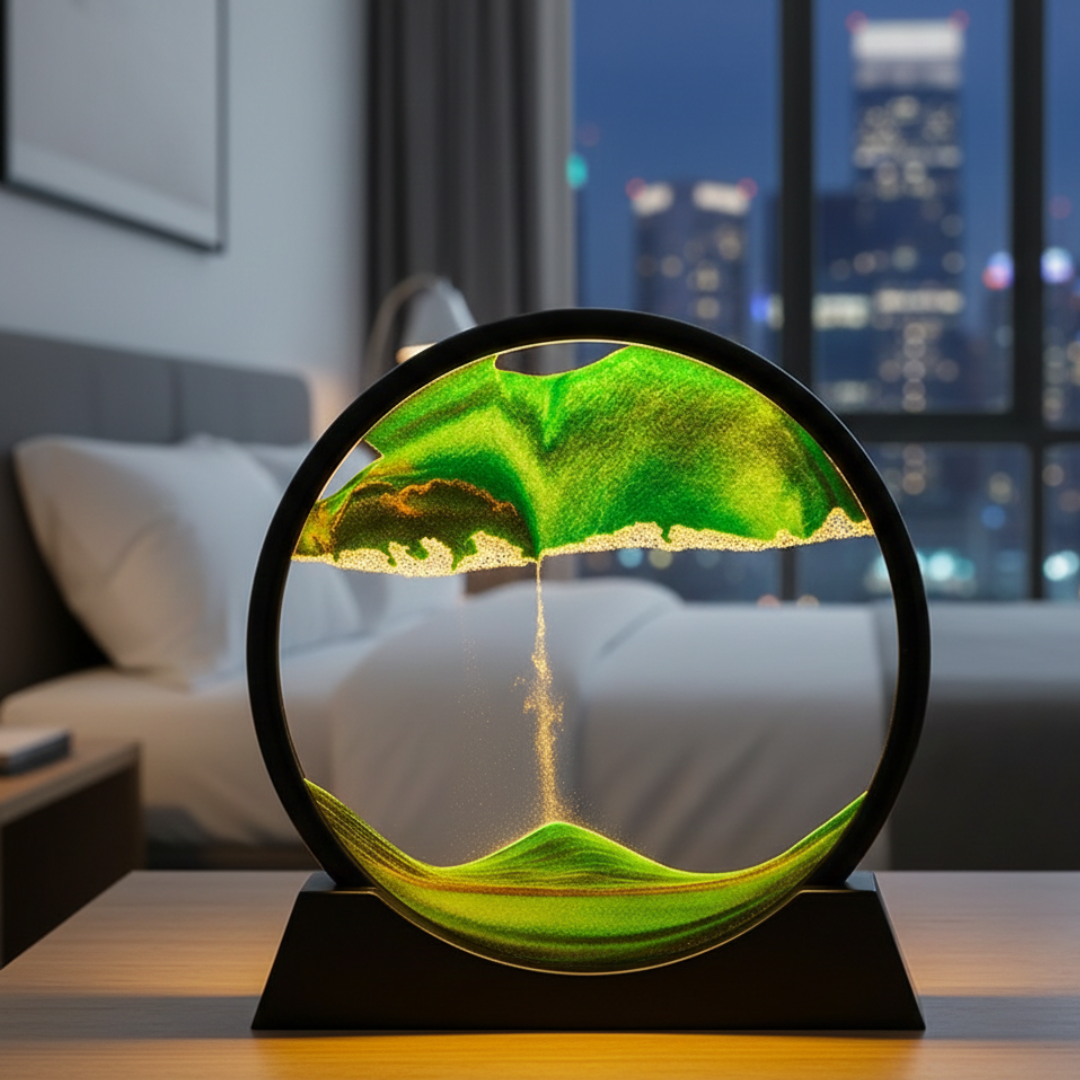 Tableau d'art de sable mouvant 3D dans un cadre en verre rond pour une décoration fascinante