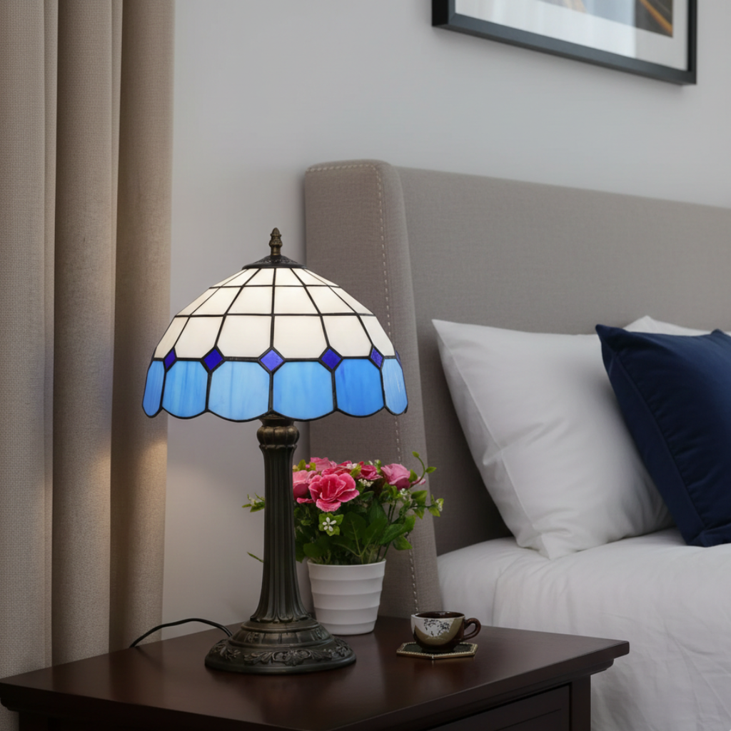 Antique Table Lamp With Stained Glass Design For Home