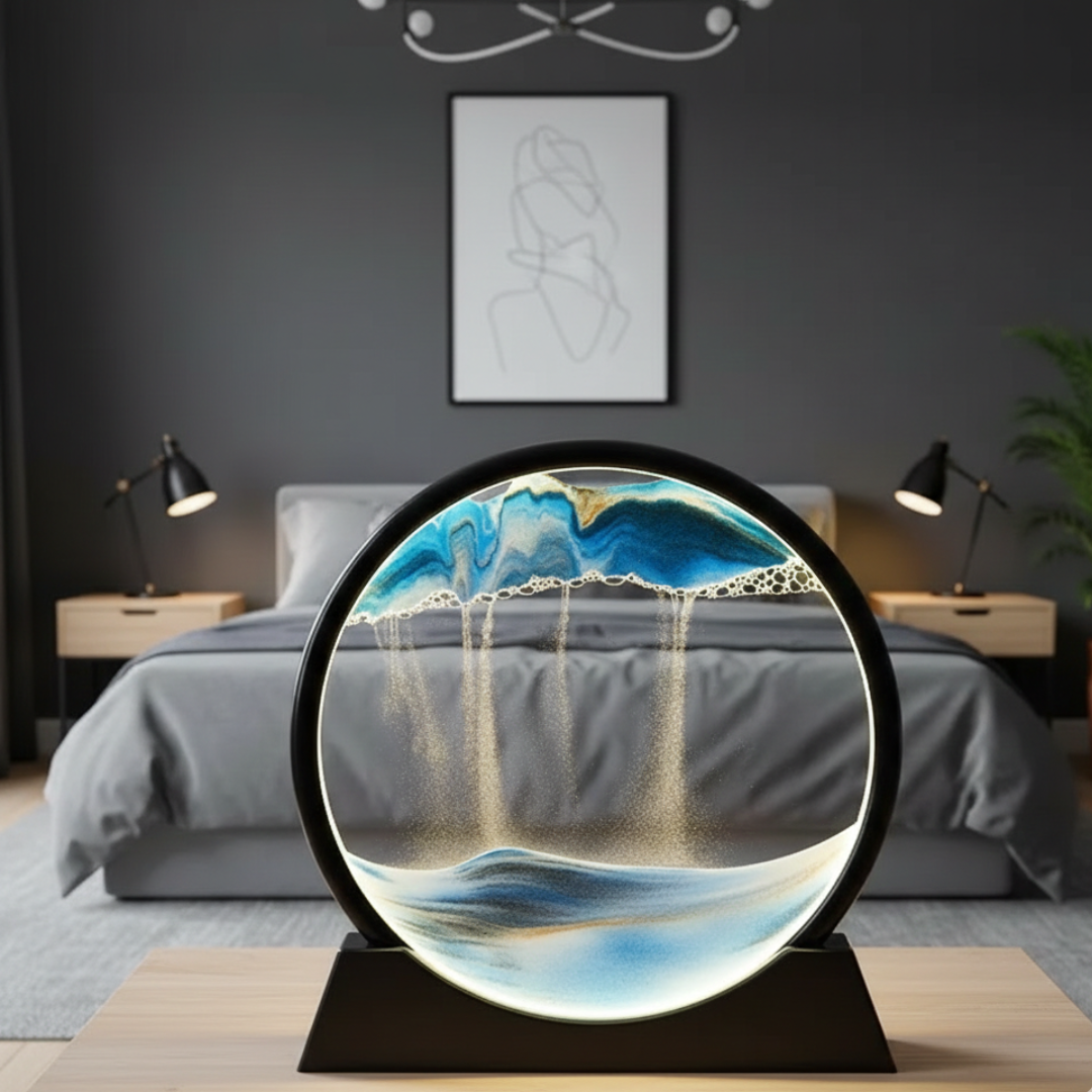 Tableau d'art de sable mouvant 3D dans un cadre en verre rond pour une décoration fascinante