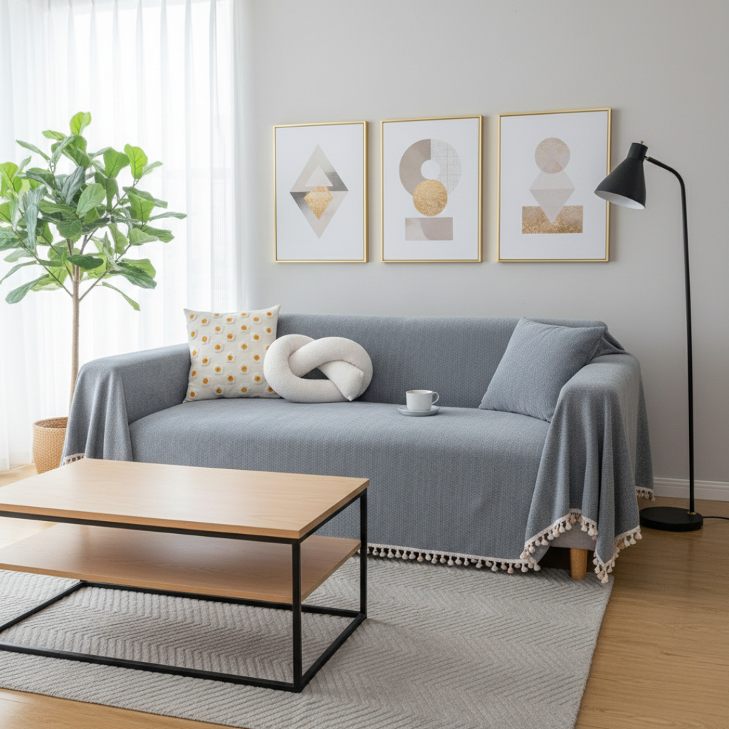 Housse de canapé à motif chevron avec pompons pour décoration style bohème