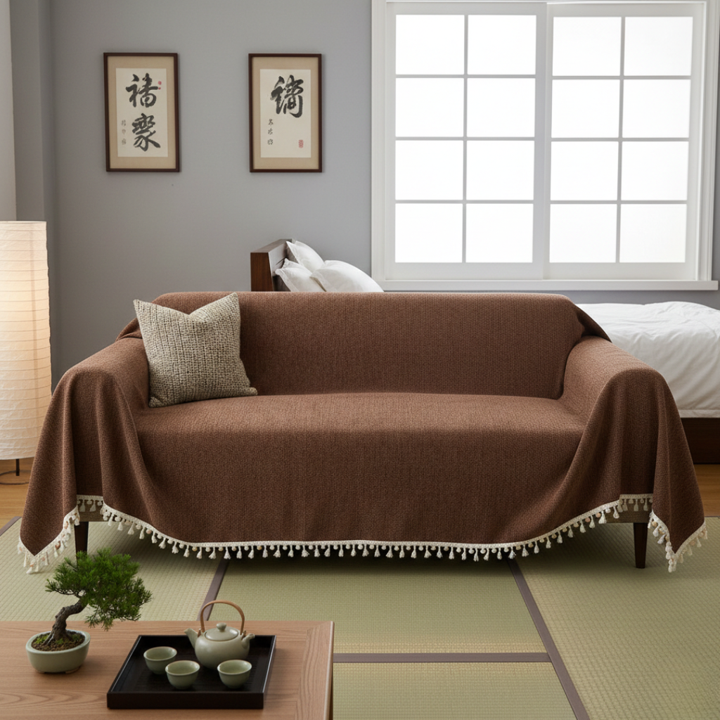 Housse de canapé à motif chevron avec pompons pour décoration style bohème
