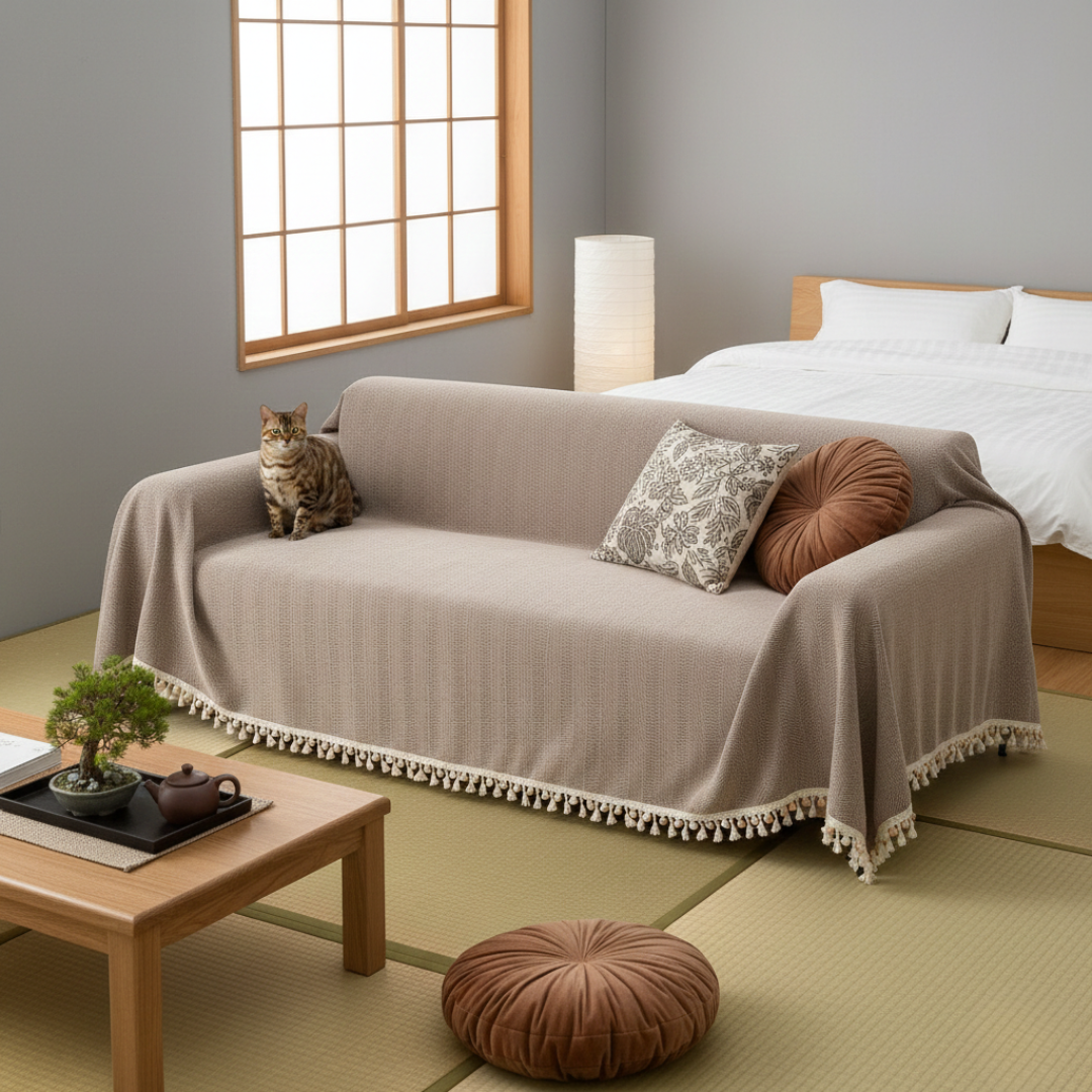 Housse de canapé à motif chevron avec pompons pour décoration style bohème