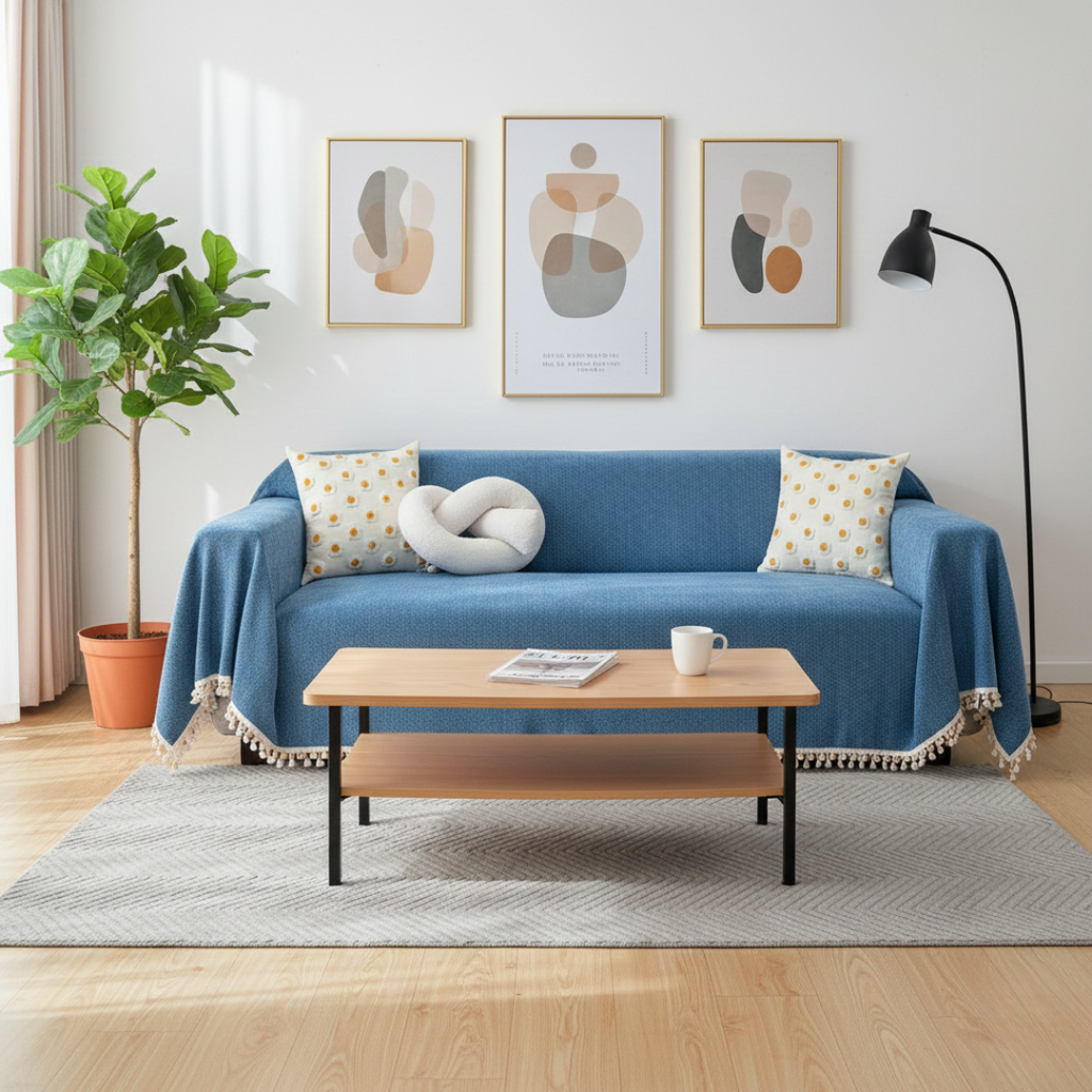 Housse de canapé à motif chevron avec pompons pour décoration style bohème