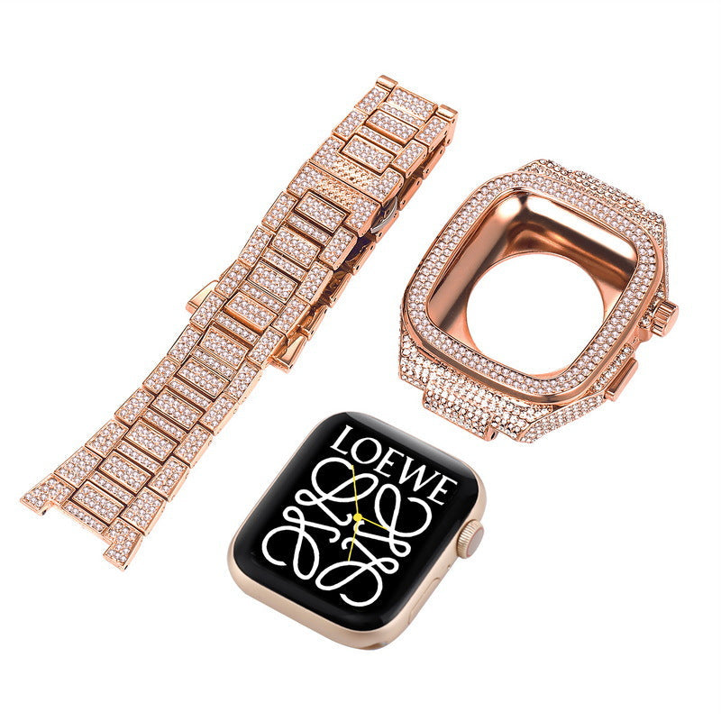 Luxuriöses Metallgehäuse mit Kristall-Diamant-Armband für Apple Watch 44/45 mm