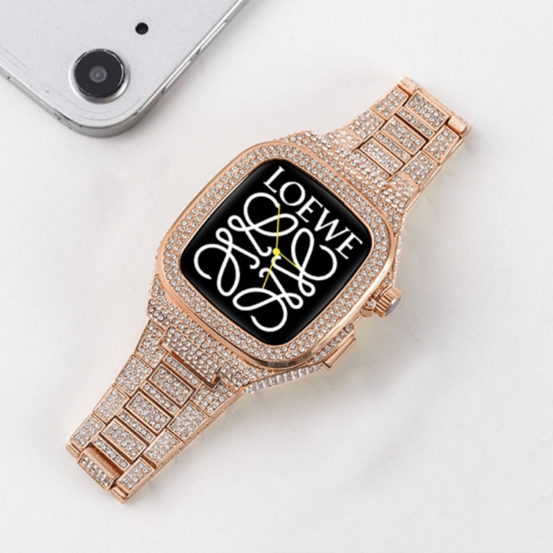 Luxuriöses Metallgehäuse mit Kristall-Diamant-Armband für Apple Watch 44/45 mm
