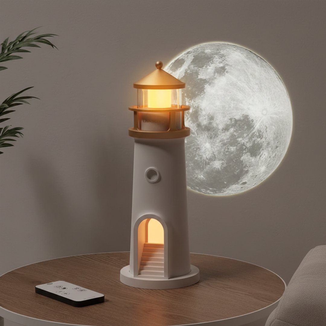 Lampa majáku s projektorem a reproduktorem pro útulnou noční atmosféru