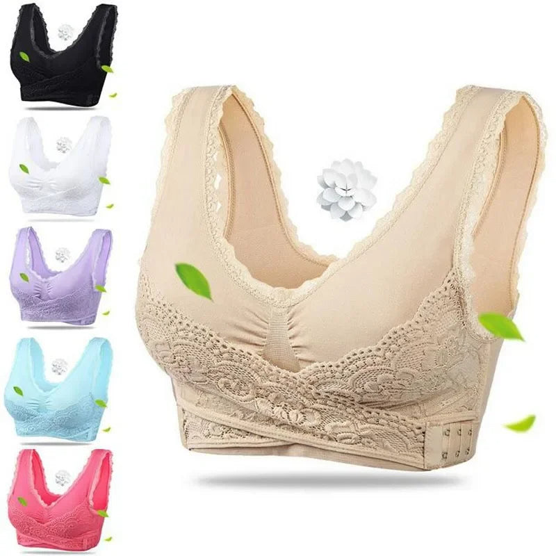 Trådløs frontkryds-lace-bh med justerbar sidebøjle