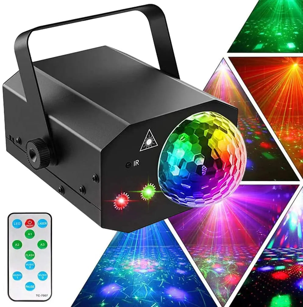 To-i-én laser-disco-lys med lydaktiveret stroboskop og fjernbetjening