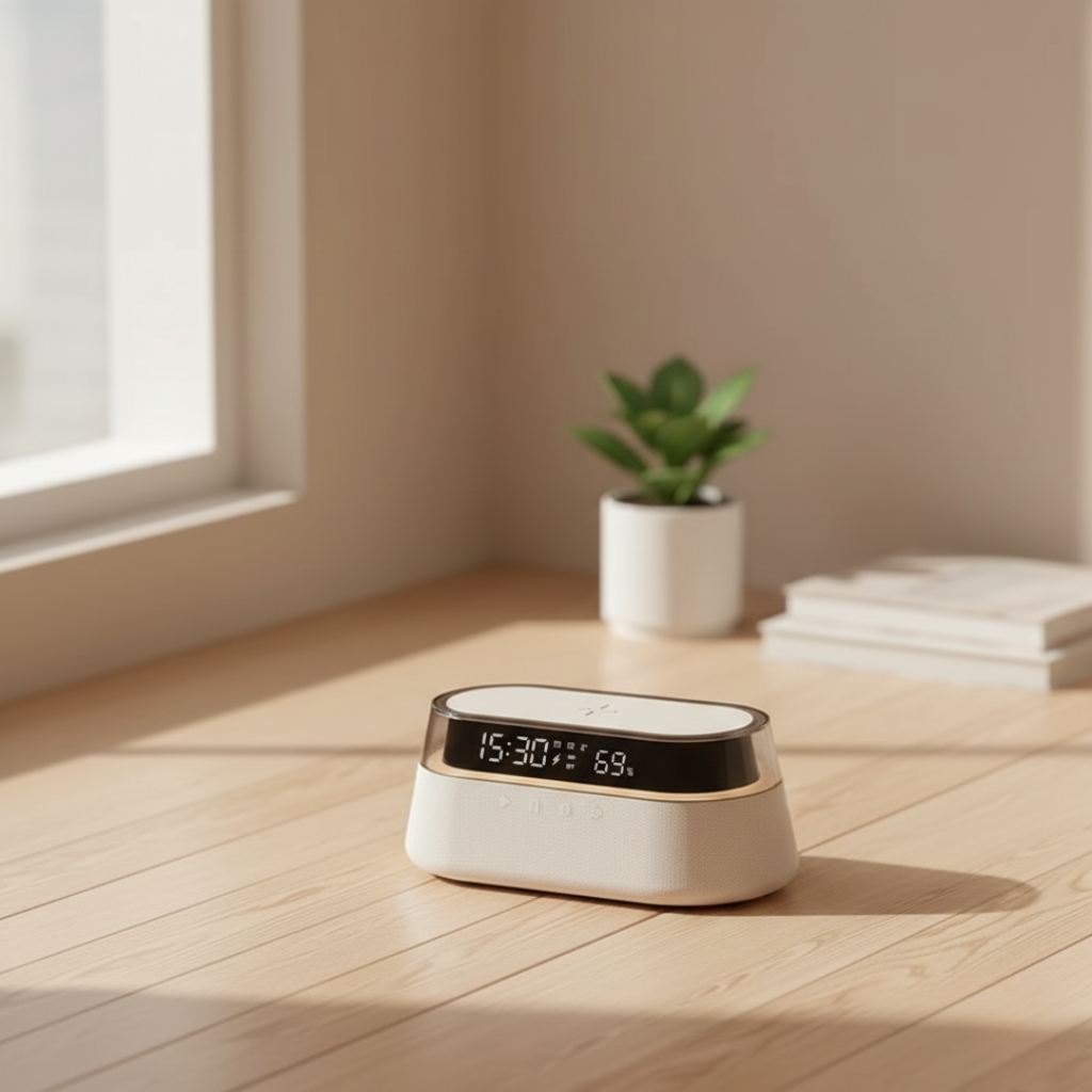 Kompakter Bluetooth-Lautsprecher mit Wecker für den Nachttischgebrauch