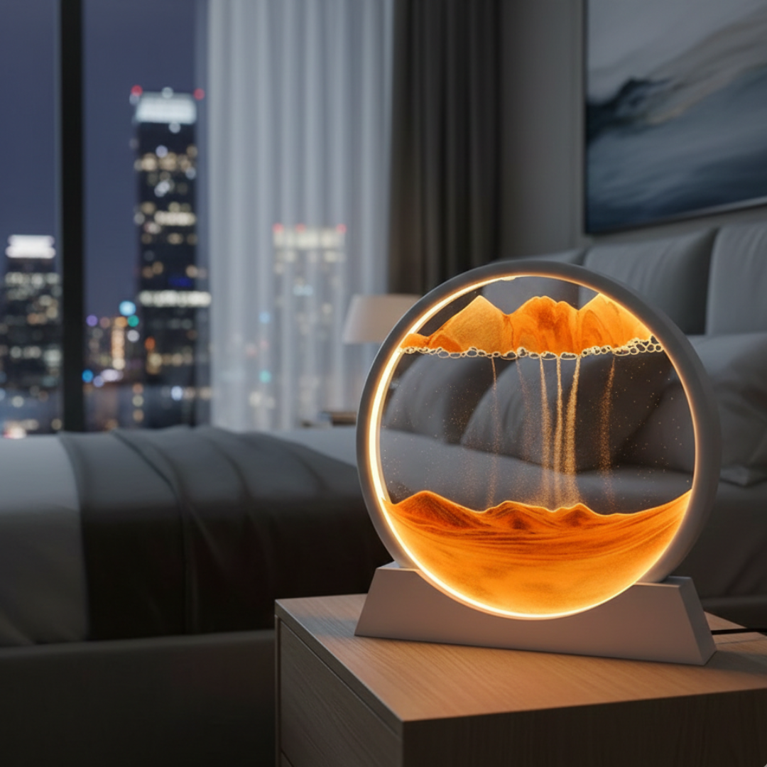 Tableau d'art de sable mouvant 3D dans un cadre en verre rond pour une décoration fascinante