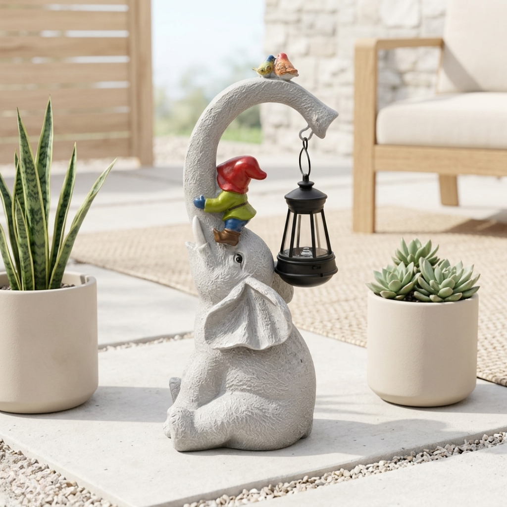 Lanterne de jardin féerique éléphant solaire avec une fée chevauchant un éléphant