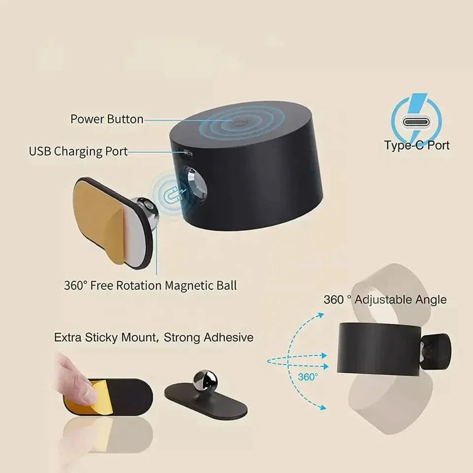 360 Degree USB Rechargeable Wireless Wall Lamp With 3 Brightness Levels For Home Use