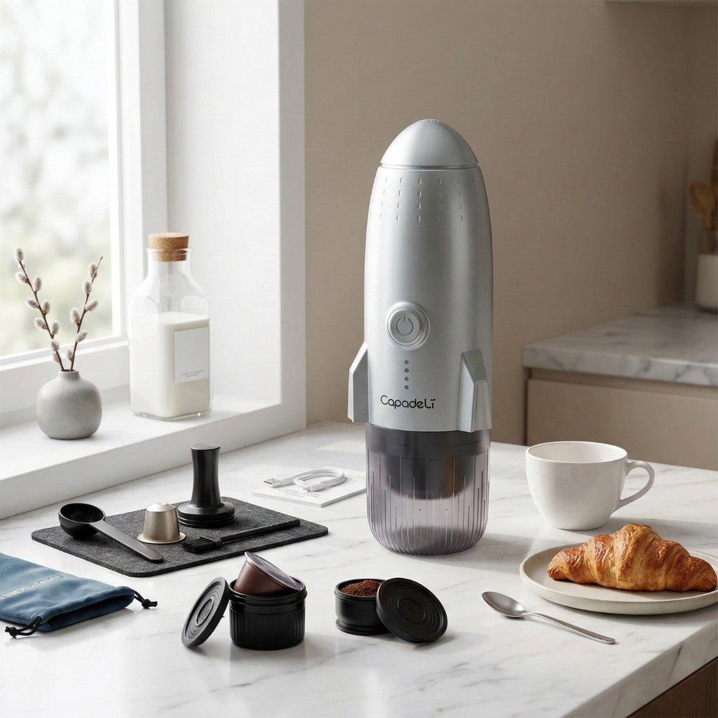 Cestovní automatický espresso kávovar s vlastním ohřevem pro mletou kávu nebo kapsle