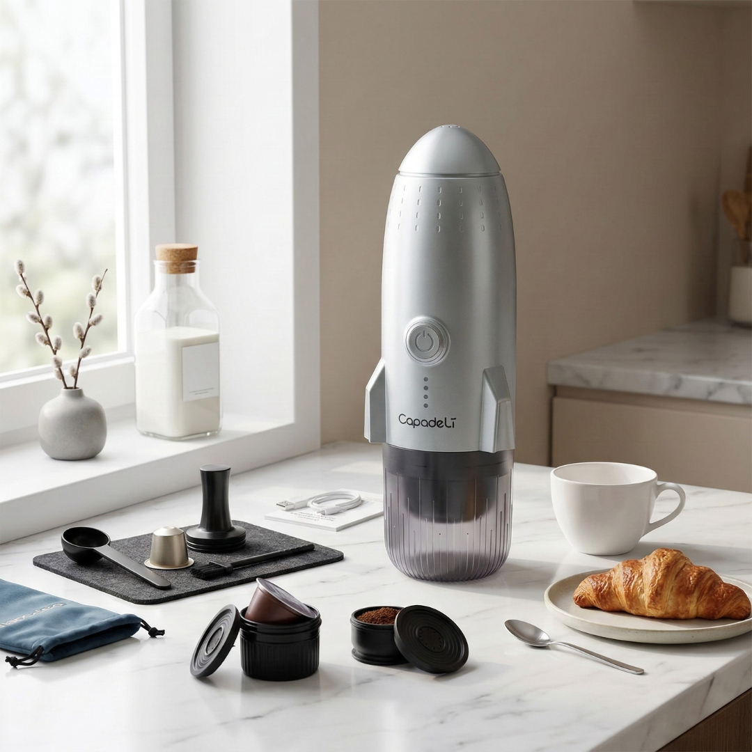 Cestovní automatický espresso kávovar s vlastním ohřevem pro mletou kávu nebo kapsle