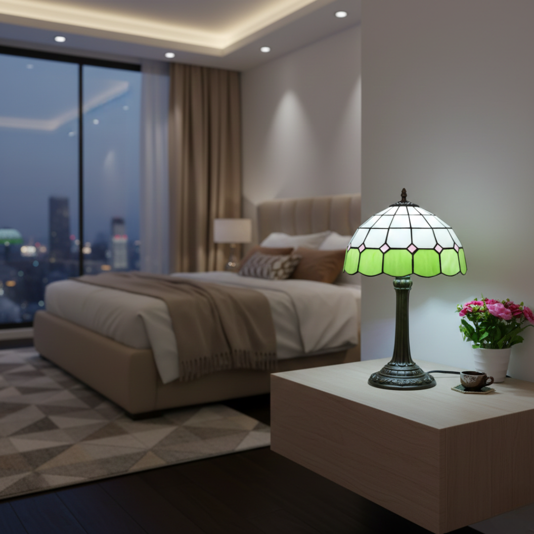 Antique Table Lamp With Stained Glass Design For Home