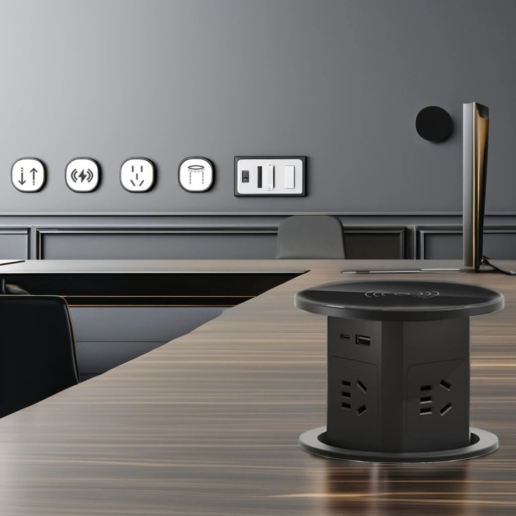 Automatisk pop-up bordstik med USB-C, trådløs opladning og global stikadapter